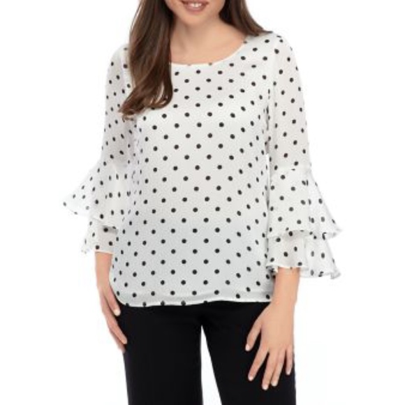 Kasper Women's PolkaDot Ruffle Bell Sleeve Blouse Size XS Top White black - Picture 2 of 9